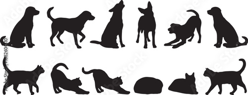 Black cat silhouettes set, sitting and walking feline poses vector clipart for logo or sticker design, Isolated on white background