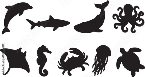 Black marine animals silhouette icon set with dolphin, shark, whale, octopus, crab, jellyfish, ray, seahorse, puffer fish, vector Isolated on transparent background, png