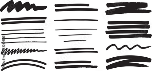 Black ink brush stroke set with dry brush texture, scribble underline and wavy divider lines, vector illustration Isolated on transparent background, png