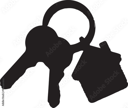 Black vector silhouette of keyring with two keys and house keychain icon for real estate or property listing, Isolated on transparent background, png
