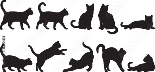 Black cat silhouette set in vector clipart, walking sitting stretching jumping poses for logo or pet icon design