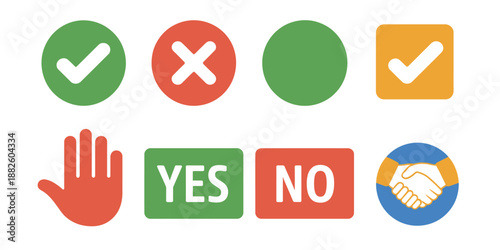 Confirmation and Decision Icons Collection, Including Agree Icon, Checkmark Button, Cancel Cross, Confirm Circle, Accept Square, Decline Hand, and Yes No Buttons