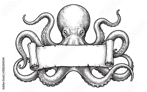 octopus holding a blank parchment ribbon banner, nautical engraving style vector illustration.