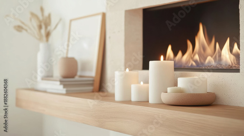Cozy modern fireplace mantel decorated with lit white candles, neutral decor, and soft natural light creating warm inviting atmosphere
