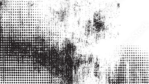 Black and white abstract background with prominent halftone dot clusters and weathered grunge textures across the surface
