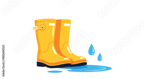 A pair of bright yellow rubber rain boots standing in a small puddle of water with a few raindrops splashing nearby.