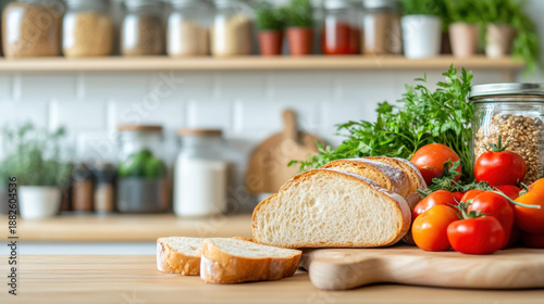Fresh sliced bread with ripe tomatoes and green herbs on wooden cutting board in kitchen