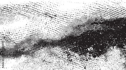 Abstract black and white with a blend of halftone dots and grainy textures forming a dynamic, flowing pattern