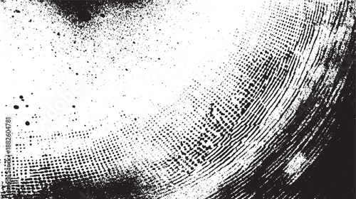 Monochromatic abstract grunge background with a dense halftone dot pattern and scattered dark speckles creating a textured visual effect