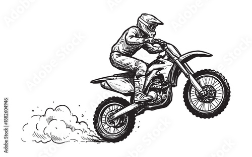 Motocross rider performing a wheelie jump on a dirt bike, hand drawn sketch engraving style
