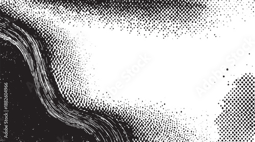 Abstract black and white distressed background with a wavy textured pattern and scattered dots creating a dynamic and artistic visual for