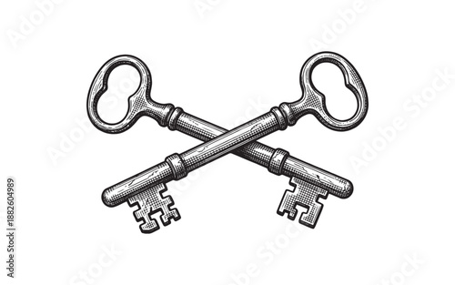 Two antique crossed keys vintage hand drawn sketch engraving style vector illustration