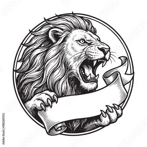 Heraldic Lion Mascot Emblem with Blank Banner