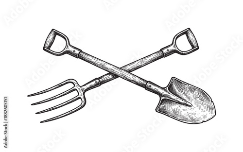 Crossed Vintage Farm Tools Shovel and Pitchfork Illustration