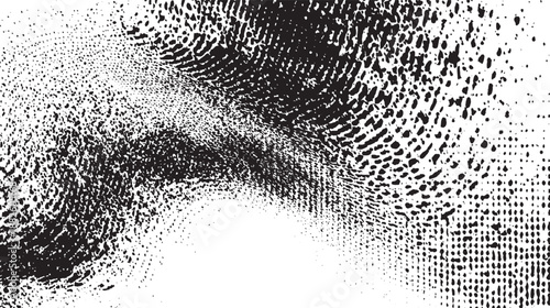 Black and white abstract texture with swirling patterns of dots and irregular shapes creating a sense of movement and depth for artistic backgrounds