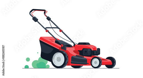 A red and black gasoline-powered lawn mower in action, cutting grass and leaving a trail of green clippings on a white background.