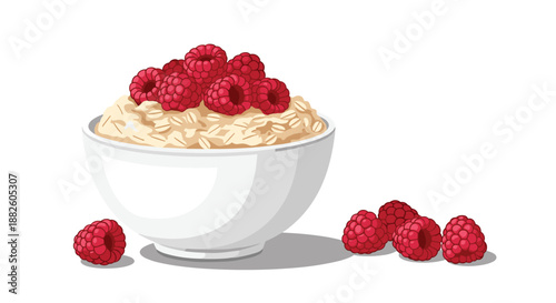 A white bowl of hot oatmeal porridge topped with a generous amount of fresh, ripe raspberries, with a few berries on the side.