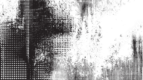 Textured abstract black and white background with overlapping halftone dot patterns and rough grunge for a complex visual