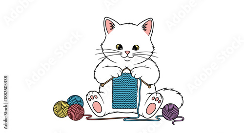 Adorable white kitten sitting and knitting with blue yarn while surrounded by several colorful balls of wool on a white background.