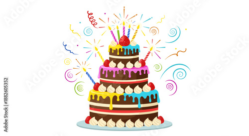 Large three-tier chocolate celebration cake decorated with colorful icing, strawberries, lit candles, and festive swirls in the background.