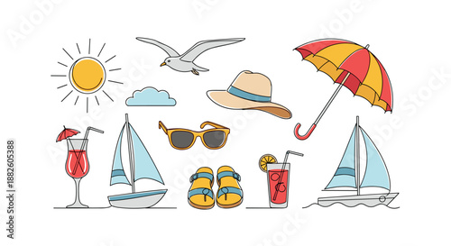 Collection of summer vacation icons including sun, sailboat, sunglasses, beach hat, cocktail, sandals, and umbrella in a simple line style.