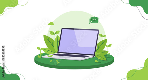 Modern laptop sitting on a green grassy mound surrounded by growing sprouts and leaves with a graduation cap icon floating above.