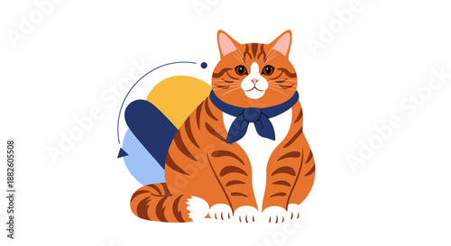 Handsome orange tabby cat with distinctive stripes is sitting calmly while wearing a stylish navy blue necktie or scarf accessory.