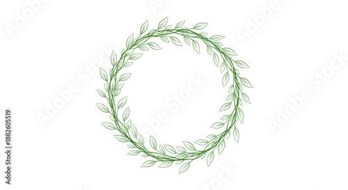 Circle wreath made of delicate green leaves and intertwined branches on a plain white background for minimalist natural design.