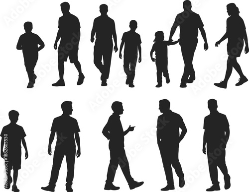 Set of black silhouettes featuring men and women in various standing and walking poses, representing a modern urban community group.