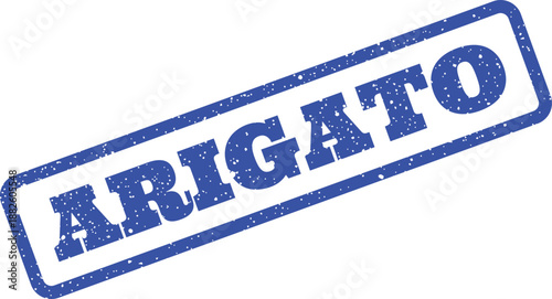 Grungy blue rubber stamp impression displaying Arigato text within a rectangular frame, conveying gratitude