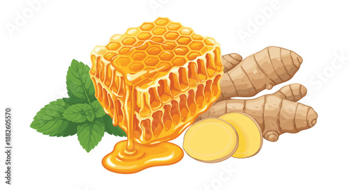 A natural remedy composition with a dripping honeycomb, fresh ginger root, and green mint leaves, isolated on a white background.