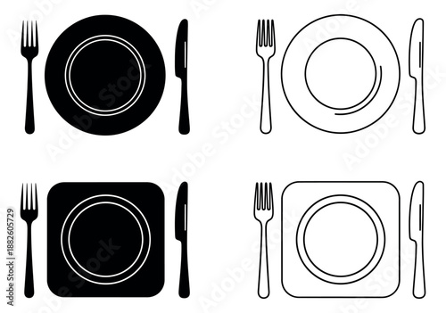 Minimalist black and white dining icon set featuring forks, knives, and round and square plates in solid and line art styles for restaurant and catering business designs