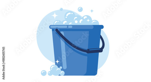 A simple illustration of a blue bucket filled with soapy water and overflowing with shiny bubbles, against a light blue circular backdrop.