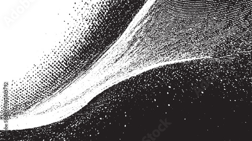 Dynamic monochrome abstract texture featuring a sweeping wave of halftone dots and scattered speckles creating a sense of fluid motion and gritty detail