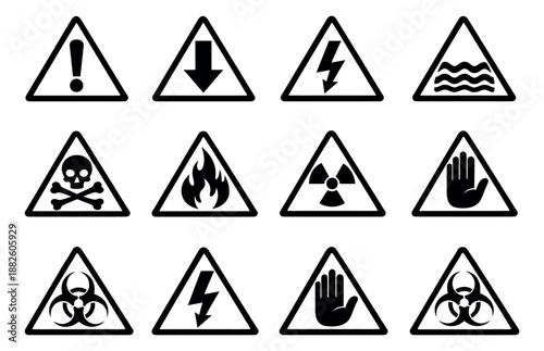 Minimalist graphic hazard warning sign set featuring fire, electrical, toxic, and biohazard symbols for industrial safety and public alerts