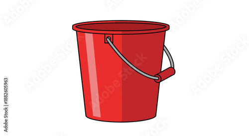 Simple cartoon illustration of a shiny red plastic bucket with a grey metal handle and grip, isolated on a clean white background.