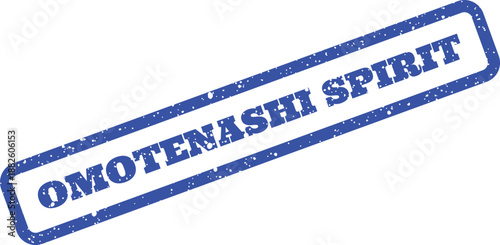 Grungy rubber stamp illustration displaying the words OMOTENASHI SPIRIT with a worn texture, perfect for cultural concepts