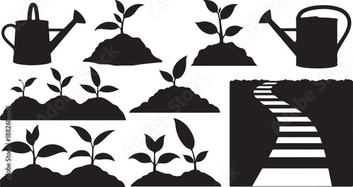 Gardening icons with plants and watering cans illustration set