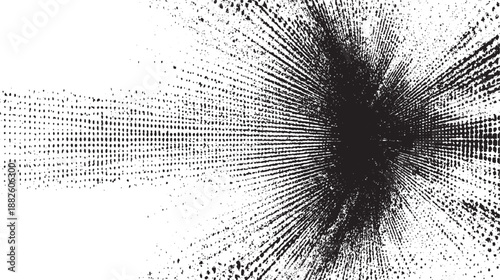 Abstract black and white radial burst pattern with textured halftone dots and grunge splatters creating a dynamic energetic explosion effect on a white background