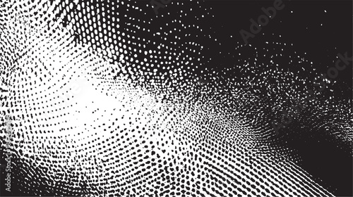Abstract black and white halftone pattern with organic swirling texture and scattered dots creating a dynamic visual effect