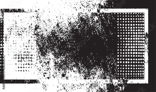 Grunge distressed rectangular frame with scattered halftone dots and rough textured overlay for a vintage or industrial aesthetic