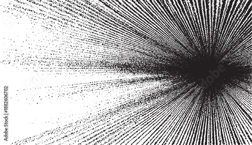Abstract radial burst of black dots and lines emanating from a dark central point against a stark white background creating a dynamic and energetic visual effect