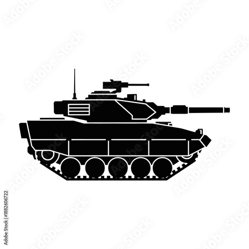 Silhouette of a modern military tank with cannon and tracks, isolated on white.