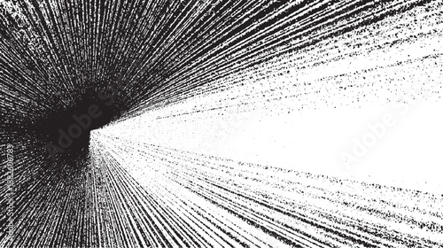 Dynamic abstract composition featuring a dark central void with radiating black lines and scattered white dots creating a sense of depth and movement across the frame