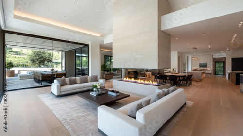 Modern living room with double sided fireplace, neutral sofas, and large glass doors opening to outdoor dining area with natural light
