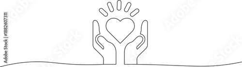 Hands cradling a glowing heart symbol in minimalist line art style with radiant lines representing love care and compassion in a simple elegant design