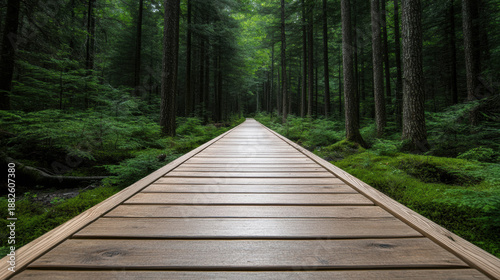 Wooden boardwalk trail leading into deep dark forest surrounded by tall trees and lush green moss creating peaceful nature scene