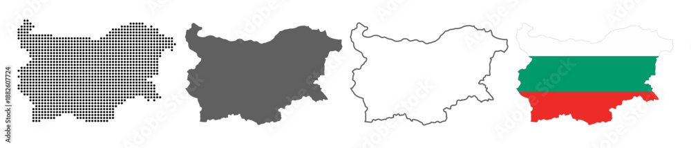 Fototapeta premium Bulgaria map set with dotted solid outline and flag style vector illustration