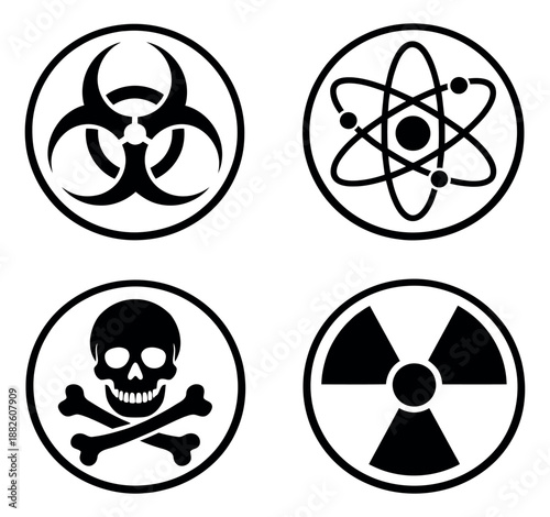 Graphic line art hazard symbols set featuring biohazard, atom, skull and crossbones, and radiation signs for safety and scientific design