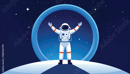 Astronaut Standing on Planet with Open Arms.